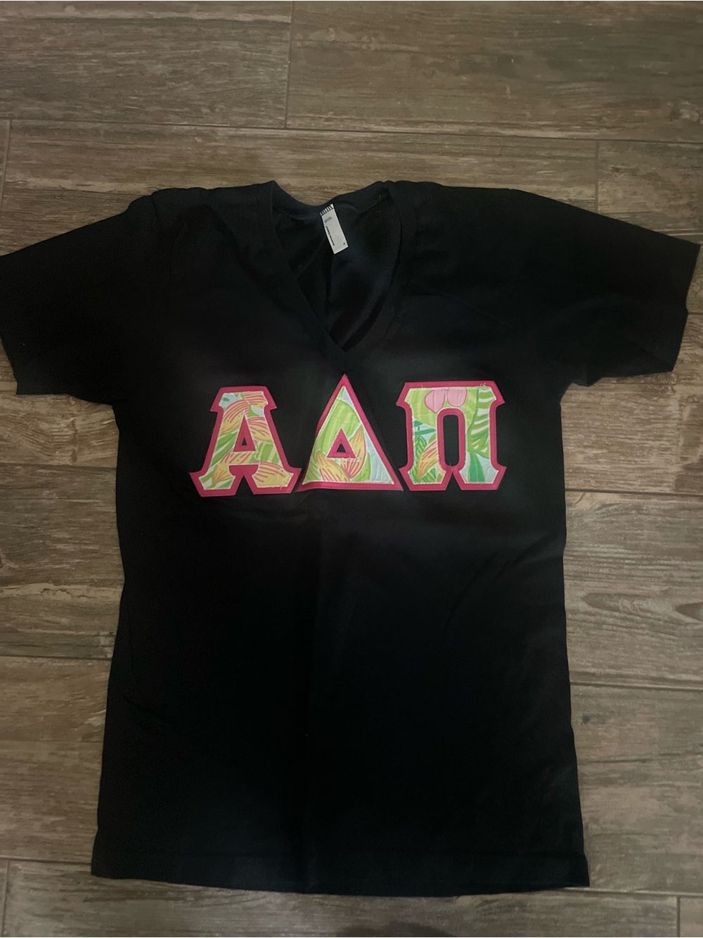 ADPi Black V-Neck Tee with Green & Pink Greek Letters
